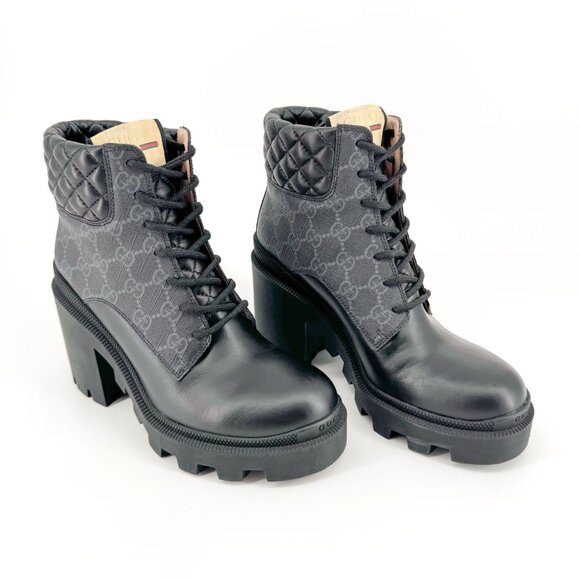 Gucci Apollo GG Monogram Combat Boots EU 38 US 8 Black Leather Canvas Samoa Trip - Picture 1 of 12